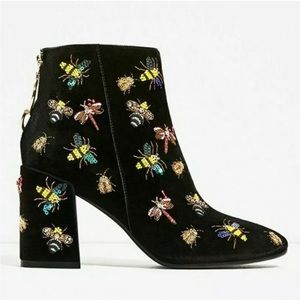 Zara Black Velvet Beaded Bug Boots Embellished Insect Ankle Booties EUR 40